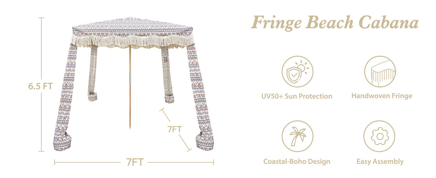 AMMSUN 7'x7' tan cool cabanas beach canopy with fringe in 6.5ft tall with premium wood pole