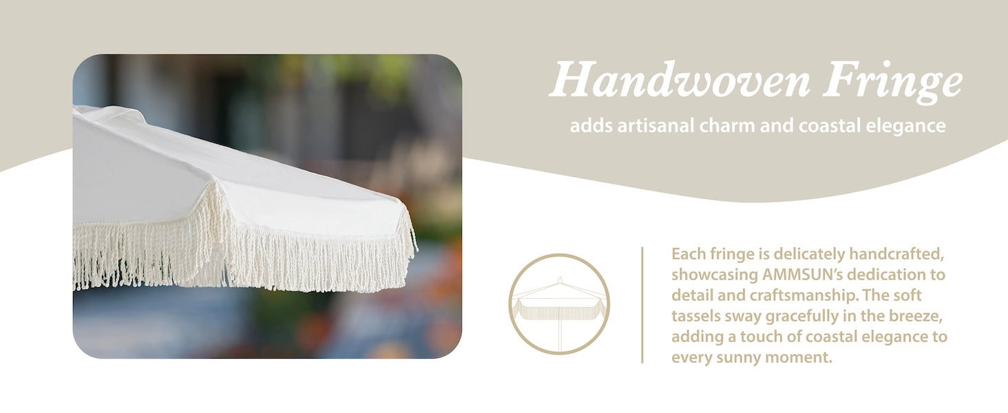 AMMSUN 8.5ft white porch umbrella with pulley lift pool umbrellas outdoor has handwoven fringe tassel 