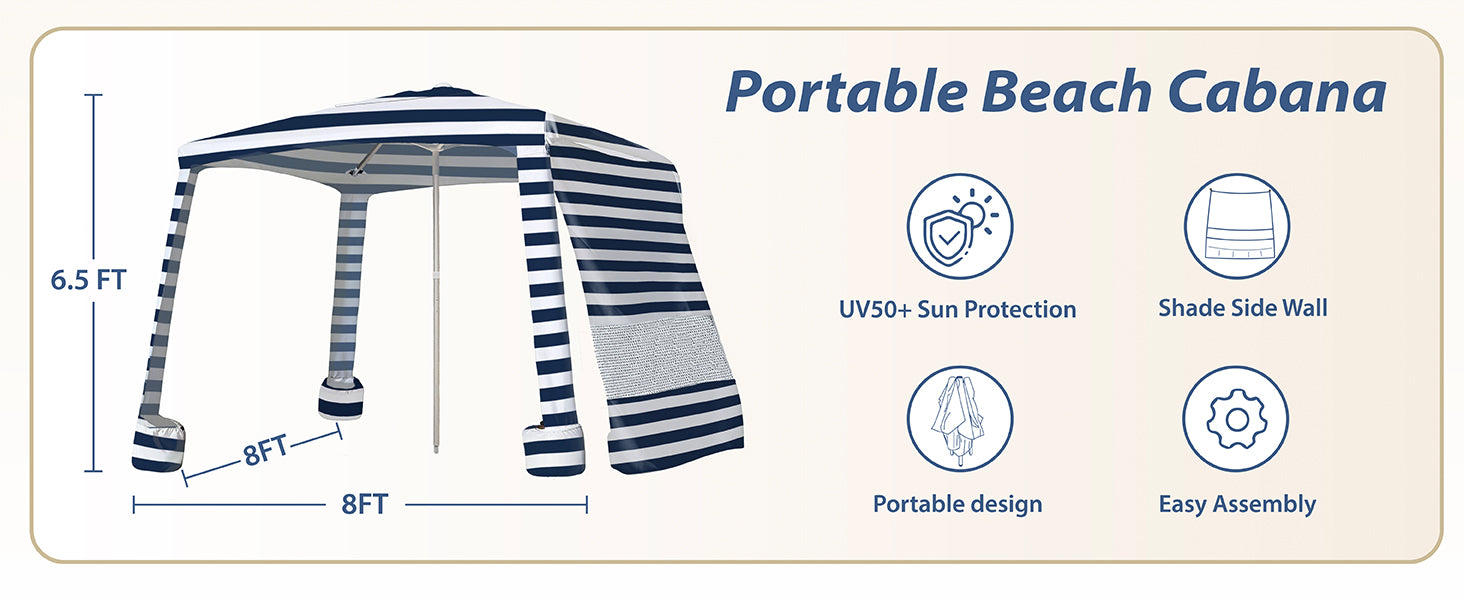AMMSUN 8'x8 portable beach cabanas for sand with sun wall is up to 6.5ft high