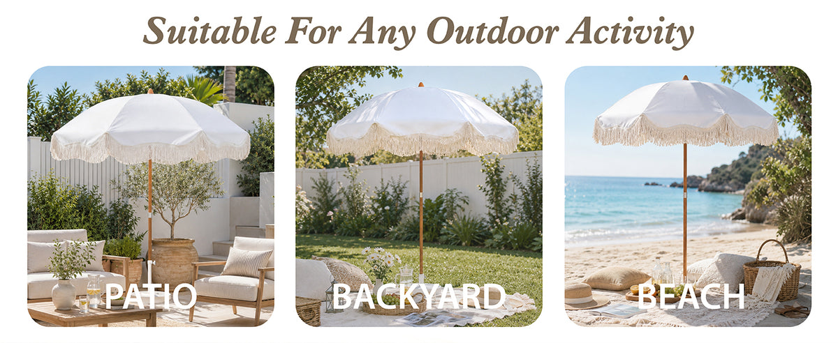AMMSUN 6.5ft white tassel outdoor umbrella for patio with fringe fits for patio, backyard, beach umbrella