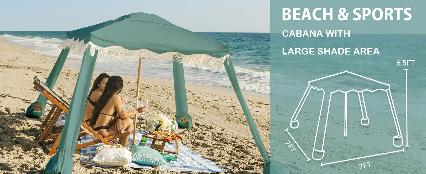 Two women relaxing under AMMSUN 7'x7' vintage green cool cabana beach tent with fringe
