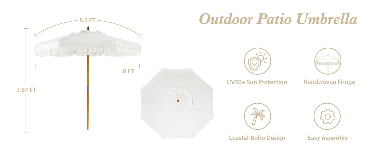 AMMSUN 8.5ft white fringe market umbrella with pulley lift UV protection wooden umbrella is easy assembly