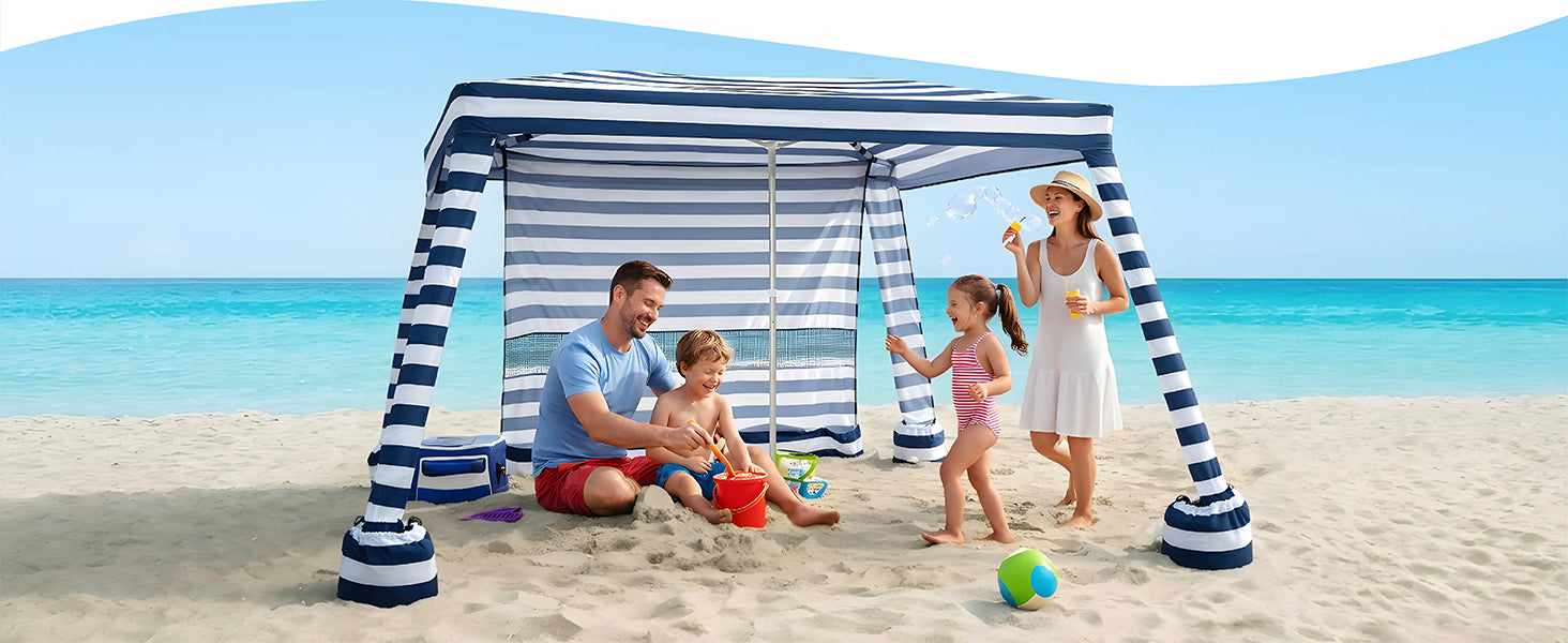 A family in 4 having fun under an AMMSUN 8'X8' navy blue stripes portable beach tent easy set up cabana with sun wall