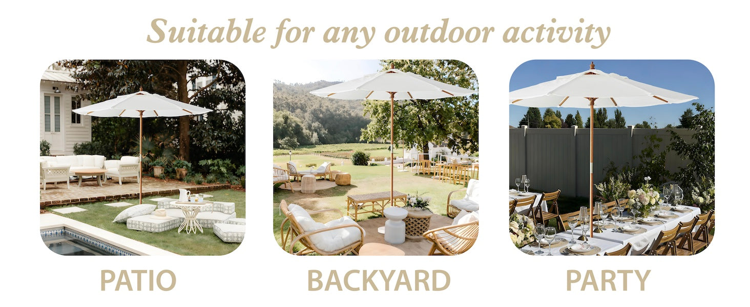 AMMSUN 8.5ft wood handle umbrellas with pulley lift for patio, backyard, and party setting.