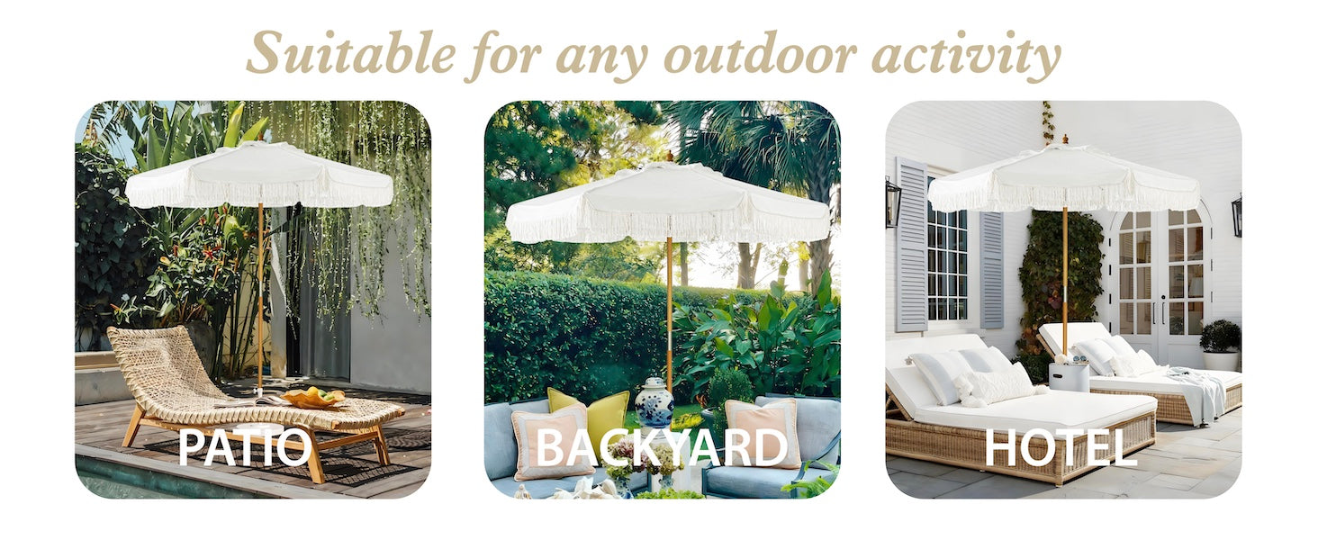 AMMSUN 8.5ft fringe outdoor patio umbrella with pulley lift beach umbrellas fits for hotel and backyard