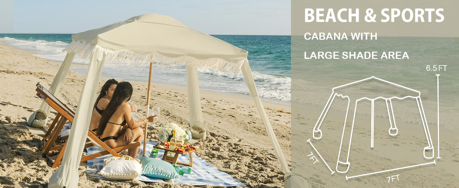 Two women relaxing in AMMSUN 7'x7' beige cool cabanas beach tent with fringe in 6.5ft high
