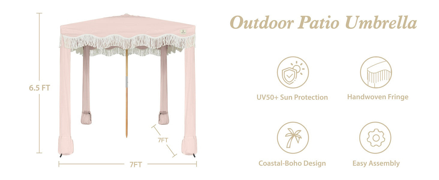 AMMSUN 7'x7' Pink Coral cool cabana beach tent with fringe in 6.5ft tall with premium wood pole