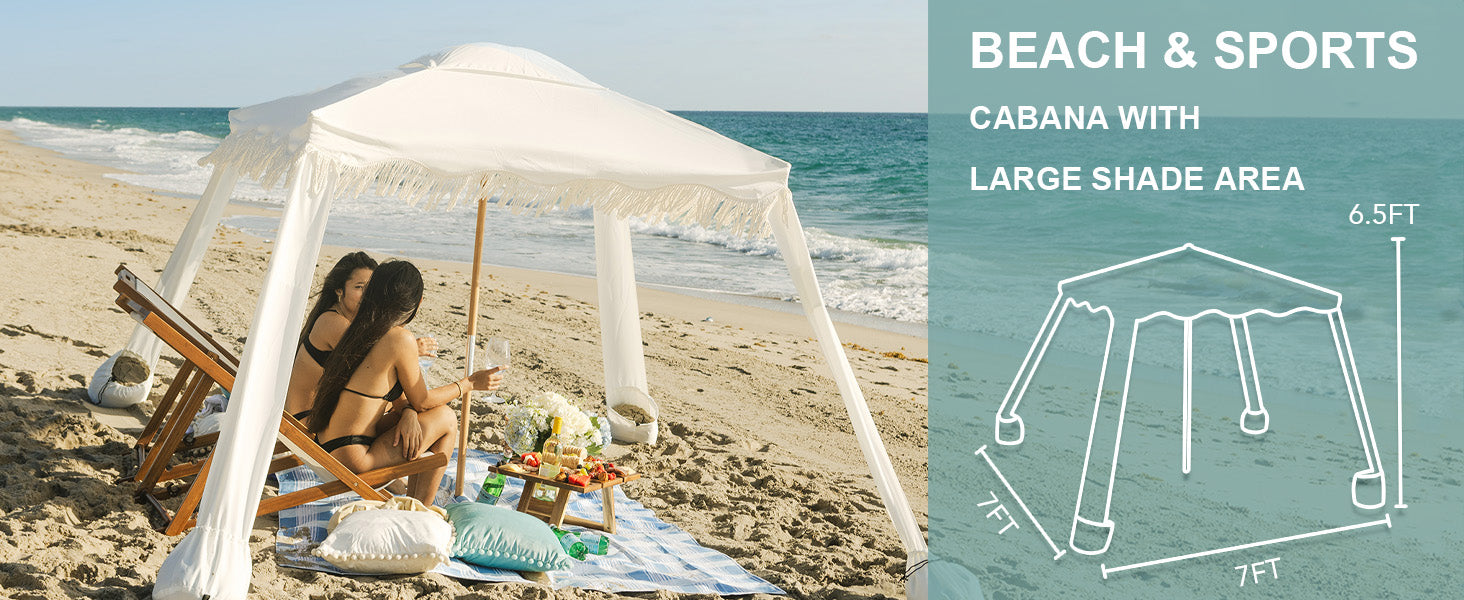 Two women relaxing under AMMSUN 7'x7' elegant white beach tent canopy with fringe in 6.5ft tall