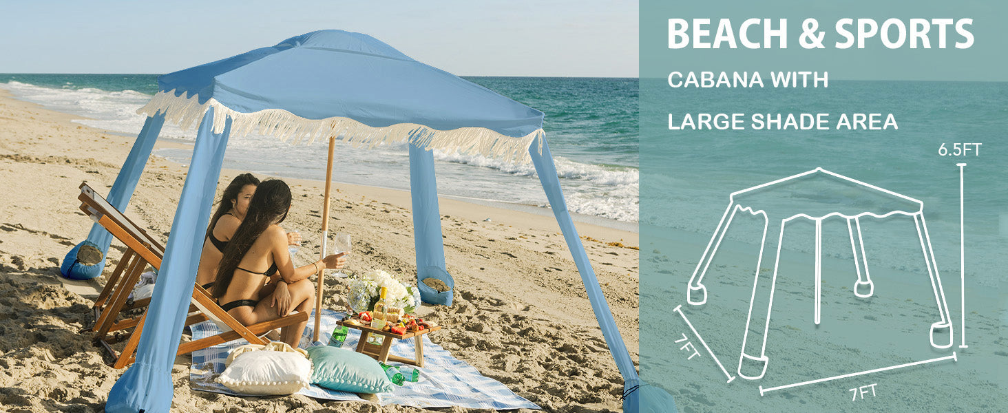 Two women relaxing in AMMSUN 7'x7' vintage blue boho canopy with fringe beach cabana in 6.5ft tall