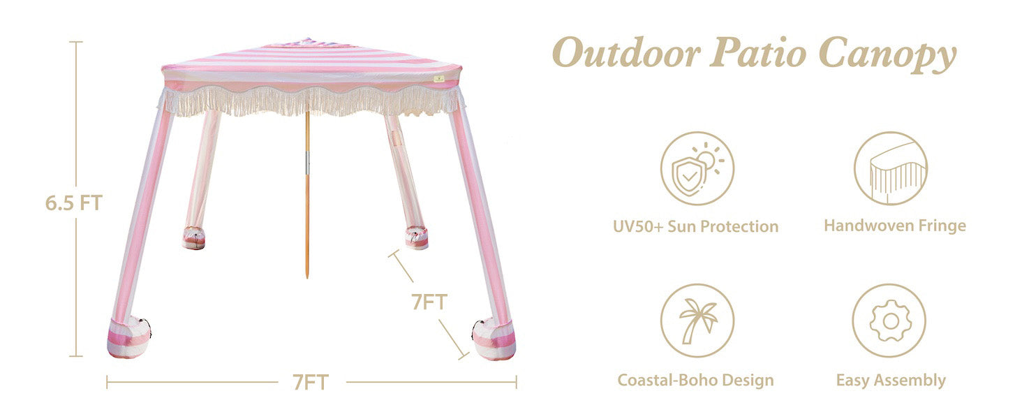 AMMSUN 7'x7' pink stripe cool cabana beach tent with fringe in 6.5ft tall with premium wood pole