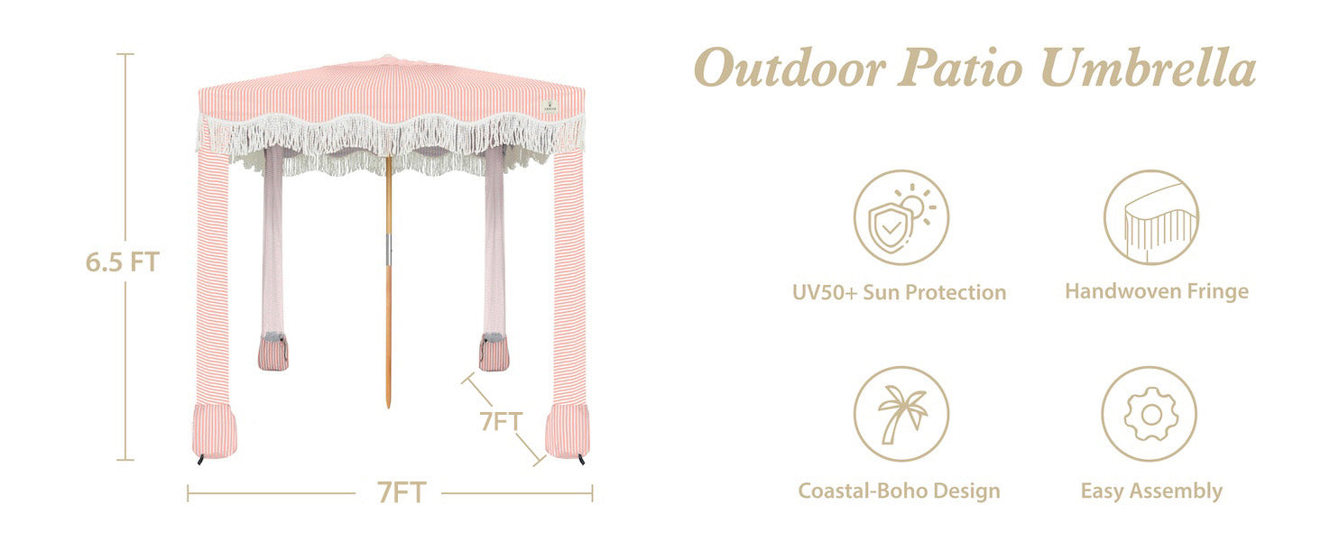 AMMSUN 7'x7' Pink stripes easygo cabana beach tent with fringe in 6.5ft tall with premium wood pole