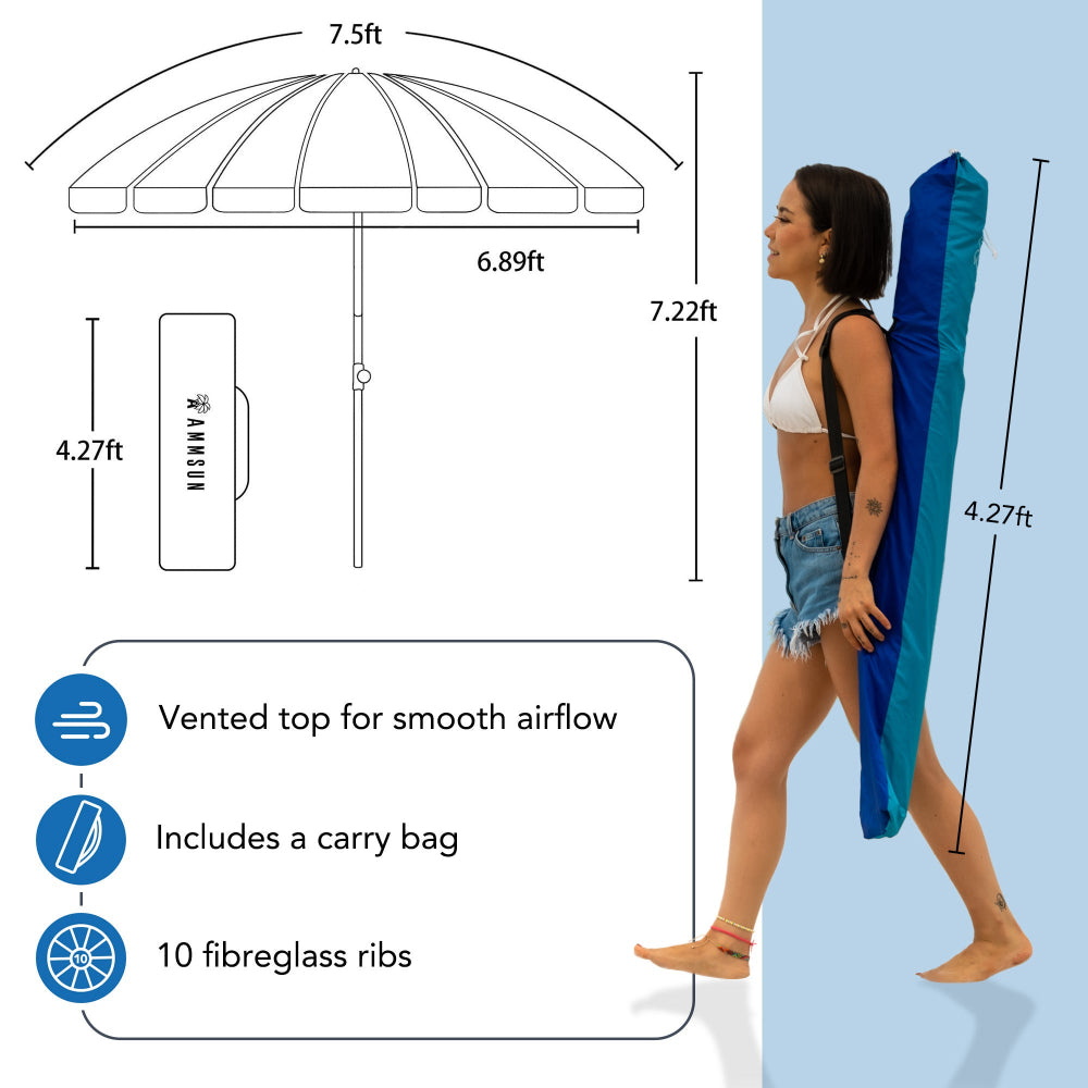 AMMSUN 7.5ft heavy duty high wind 10 fiberglass ribs beach umbrella with sand anchor has a carry bag