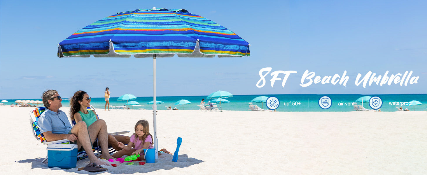 A couple enjoys a serene moment under AMMSUN 8ft green stripes portable umbrella with sand anchor on beach