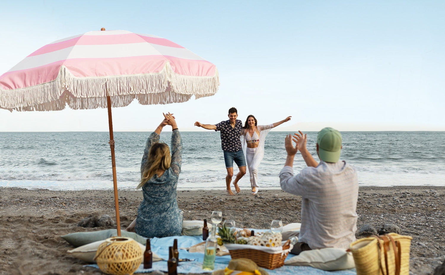 destination summer patio umbrella AMMSUN 7ft Patio Fringe Umbrella,Riviera Pink Stripes