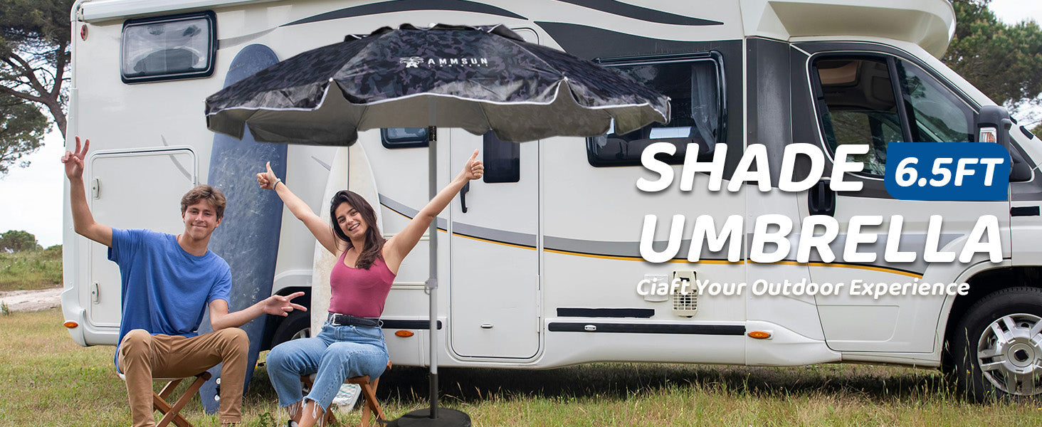 Two people enjoying outdoor life with an AMMSUN 6.5ft camouflage outside beach umbrella for sun shade