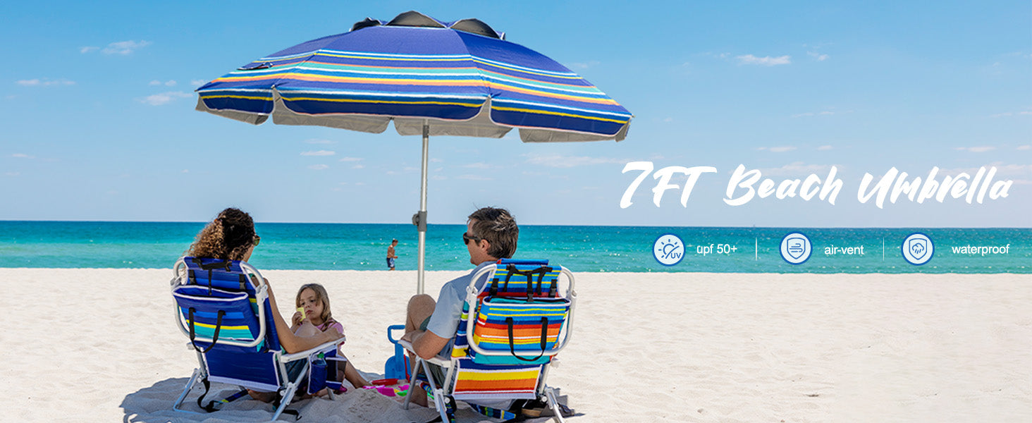 A family of 3 sitting under an AMMSUN 7ft blue stripes uv umbrellas for sun protection with sand anchor on beach