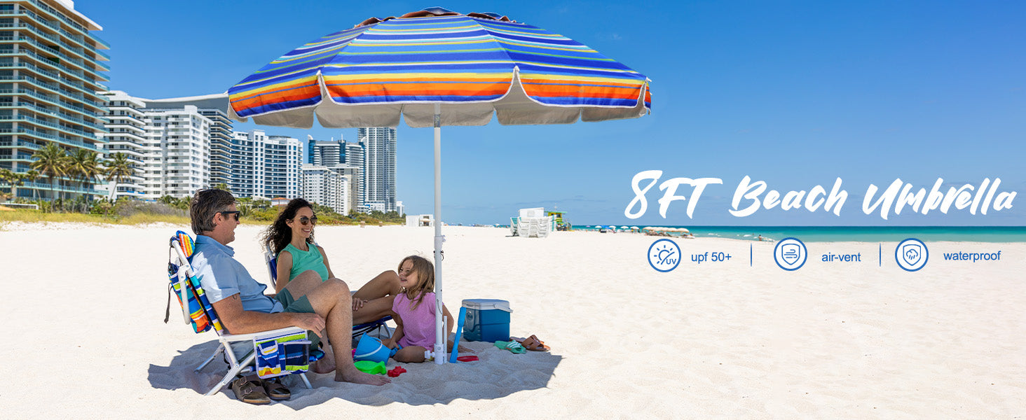 A couple relaxes under an AMMSUN 8ft red blue stripes portable umbrella with stand