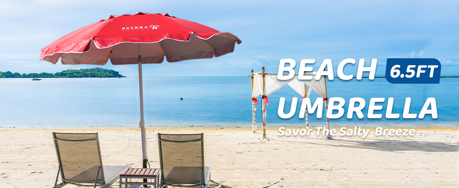 A sunny beach setting with an AMMSUN 6.5ft red beach umbrella heavy duty, two comfortable chairs