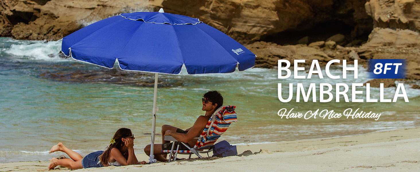 A couple enjoys a serene moment under AMMSUN 8ft blue sun umbrella beach with sand anchor on the beach