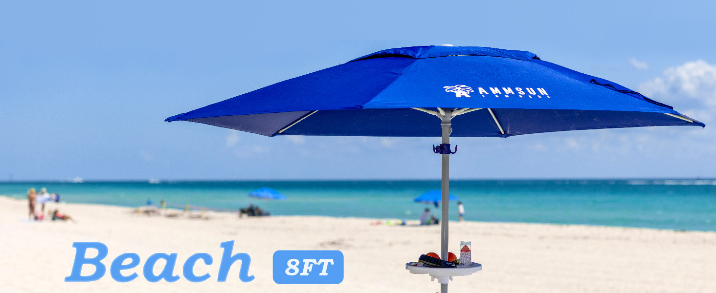 AMMSUN 8ft blue heavy duty umbrella with sand anchor on beach