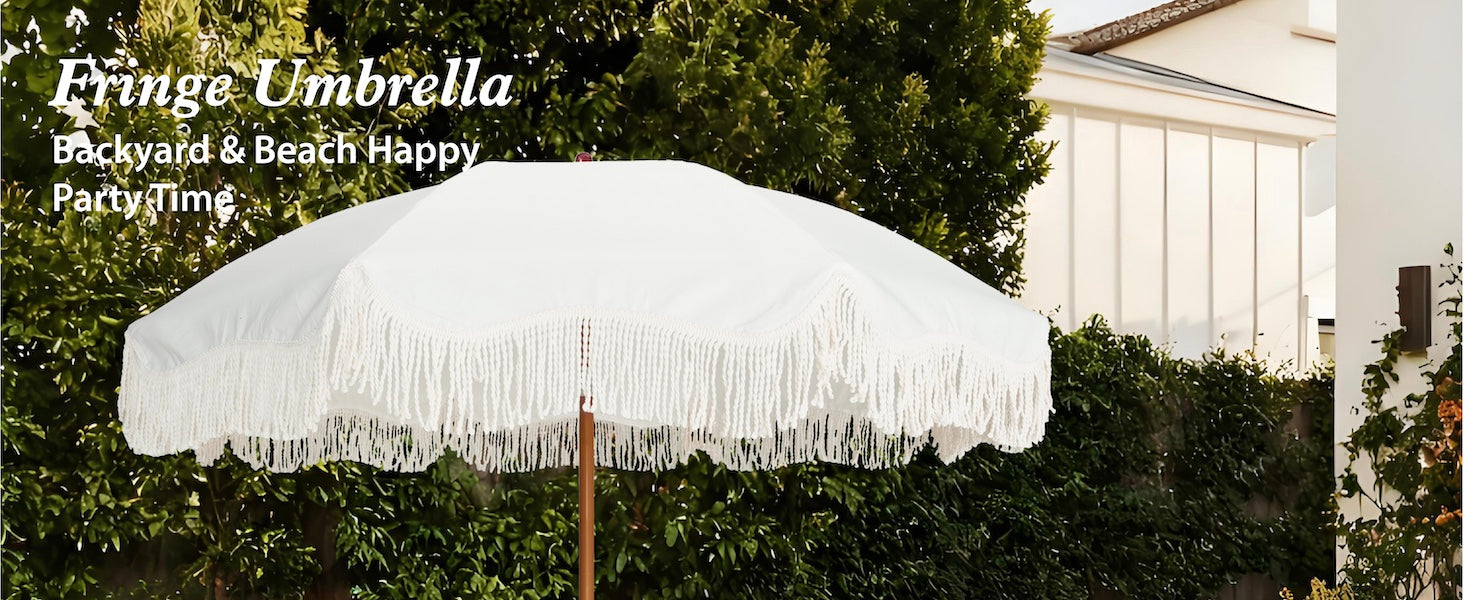AMMSUN 6.5ft white patio umbrella for beach with fringe tassel umbrella providing shade by poolside