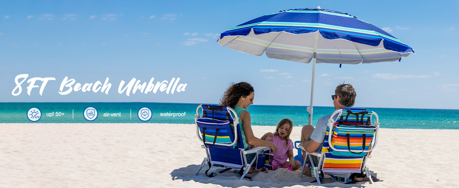 Family under an AMMSUN 8FT heavy duty beach umbrella with sand anchor on a sandy beach.