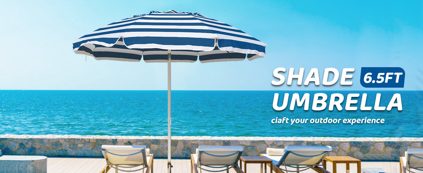 AMMSUN 6.5ft blue strips picnic umbrella portable standing on the pool