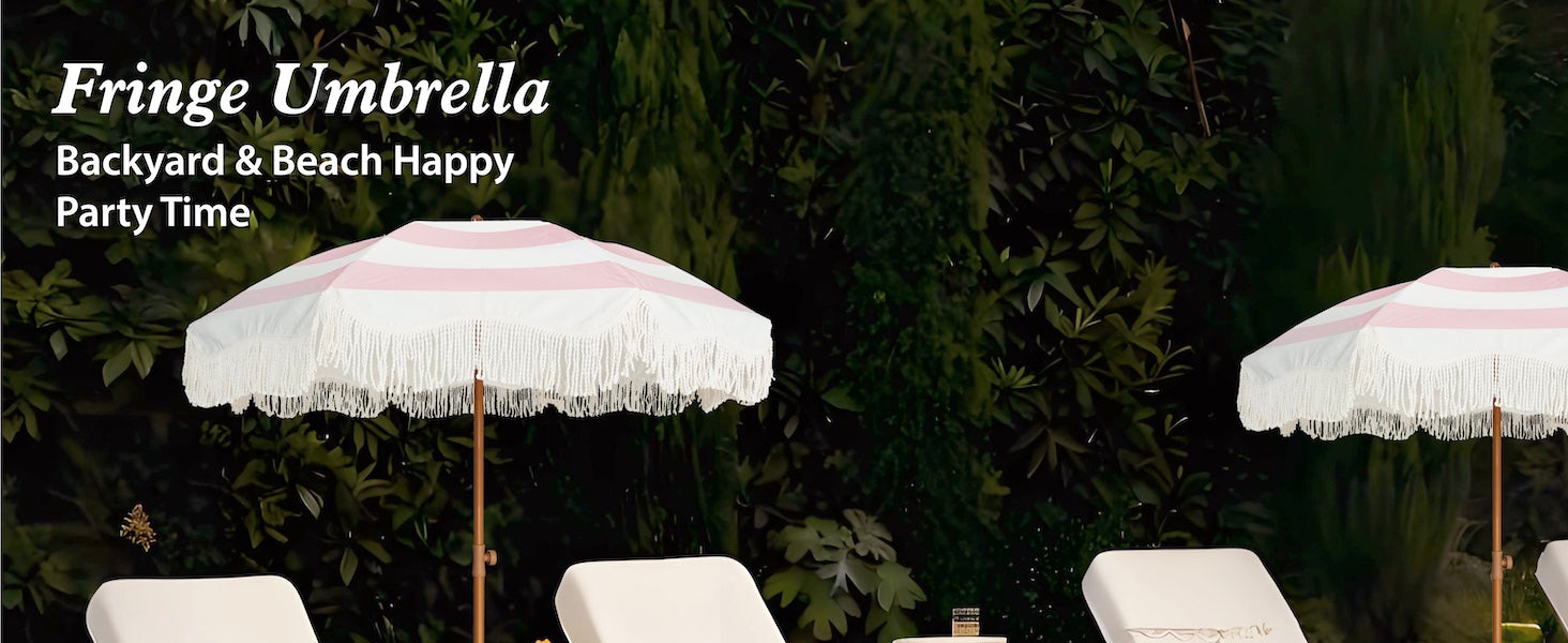 AMMSUN 6.5ft pink stripes heavy duty beach umbrella with fringe by a poolside