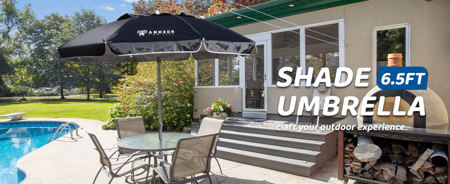 AMMSUN 6.5ft black outdoor shade umbrella inserted in the pole of table on pool