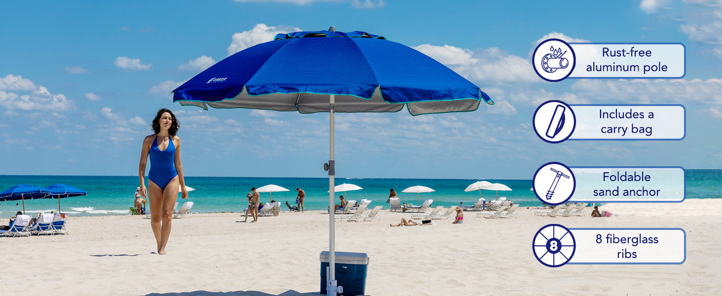 AMMSUN 7ft blue wind resistant umbrella uv 50+ beach umbrella with sand anchor standing on beach