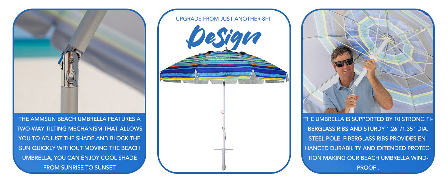 AMMSUN 8ft blue stripes uv protection sun umbrella beach sand anchor has air-vent and tilt