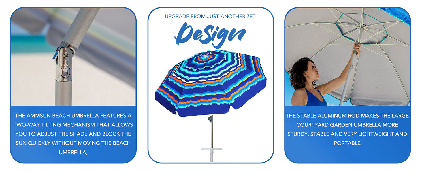 AMMSUN 7ft multicolor stripes wind resistant umbrella with UV protection, air vent, two-way tilt, and sand anchor.