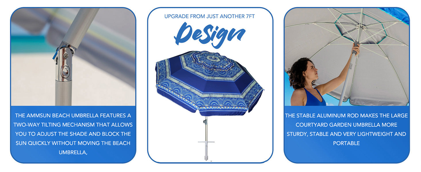 AMMSUN 7ft revival blues portable beach umbrella with UV protection, air vent, two-way tilt, and sand anchor.