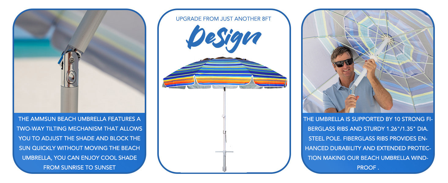 AMMSUN 8ft red blue stripes uv protection portable beach umbrella with sand anchor has tilt and air-vent