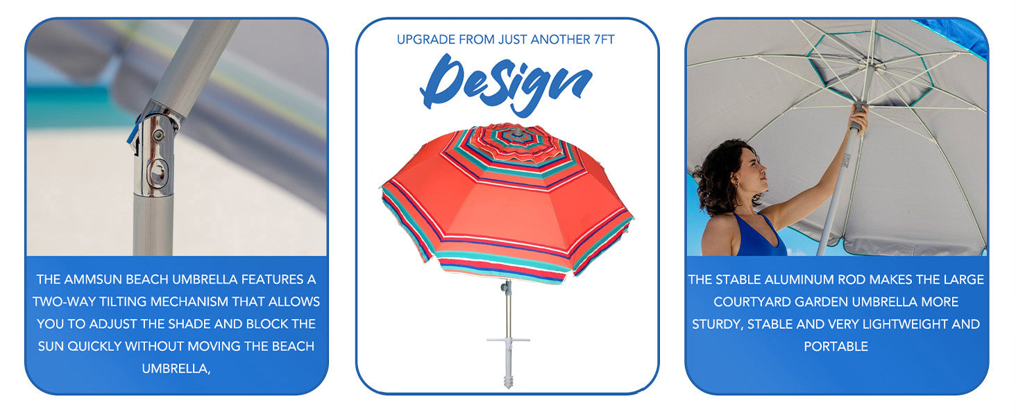 AMMSUN 7ft red solstice portable heavy duty umbrella with UV protection, air vent, two-way tilt, and sand anchor.