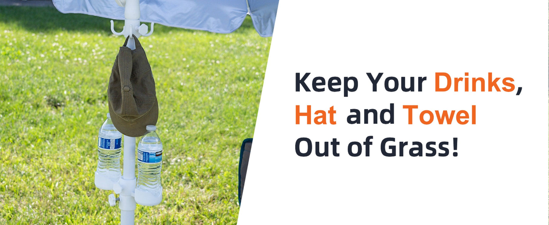 AMMSUN 6.5ft portable sports umbrella with stand for outdoor has drink holder for bottles, hat, and towel on grass with text advice.