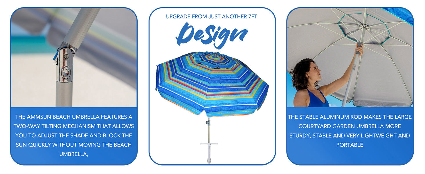 AMMSUN 7ft tear green sun shades outdoor patio for beach with UV protection, air vent, two-way tilt, and sand anchor.