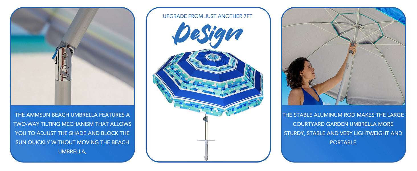 AMMSUN 7ft ice blue stripes portable beach umbrella with UV protection, air vent, two-way tilt, and sand anchor.