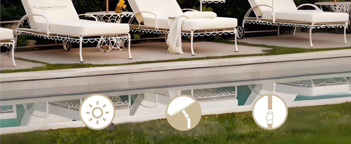 White lounge chairs by a pool with icons indicating sun, wind, and water.