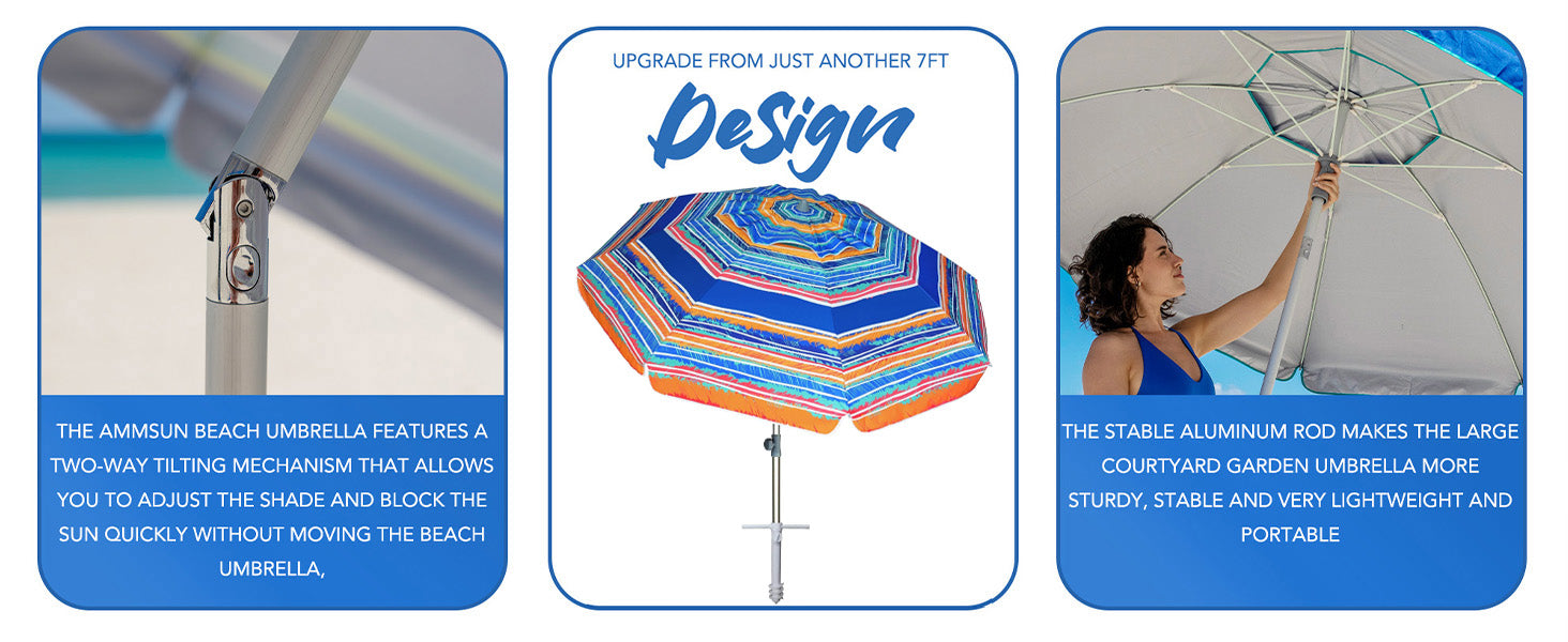 AMMSUN 7ft caribbean twilight heavy duty umbrellas for rain with UV protection, air vent, two-way tilt, and sand anchor.