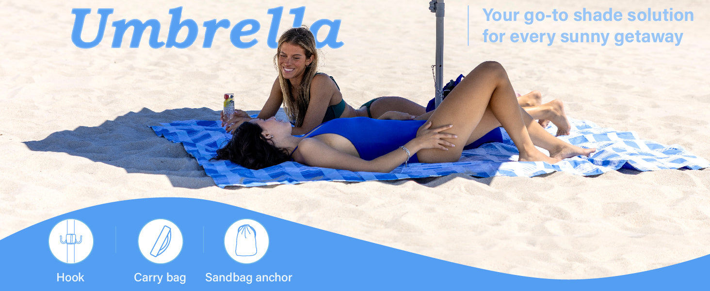 Two women relaxing under AMMSUN 8ft blue heavy duty umbrella with sand anchor on beach