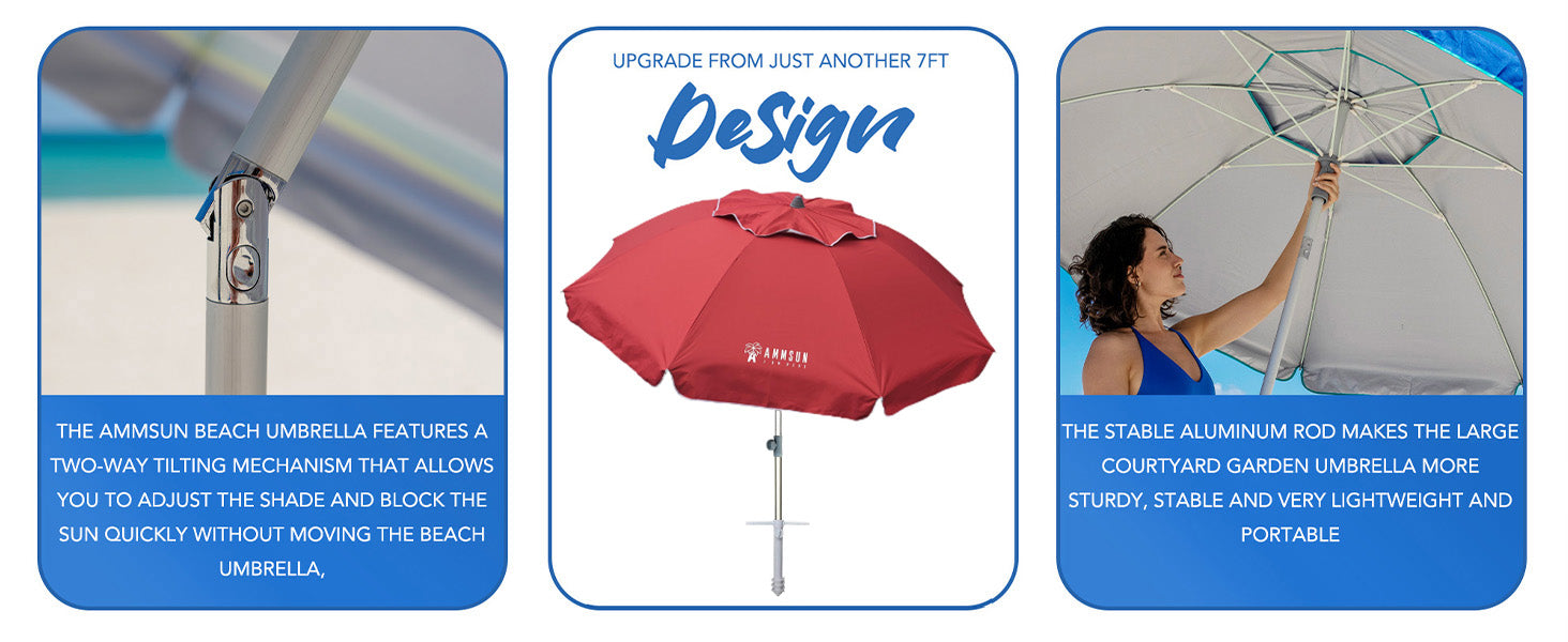 AMMSUN 7ft Solid Red portable beach umbrella for sand with UV protection, air vent, two-way tilt, and sand anchor.