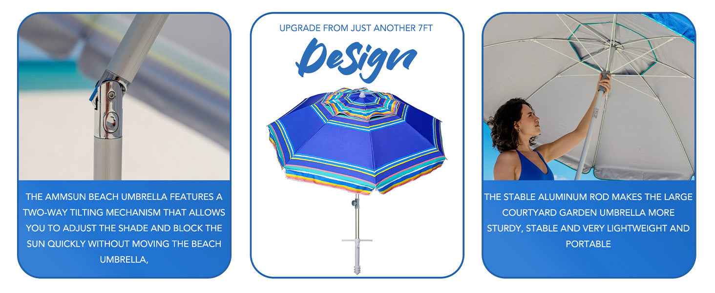 AMMSUN 7ft blue stripes sunbrella patio umbrellas for beach with UV protection, air vent, two-way tilt, and sand anchor.