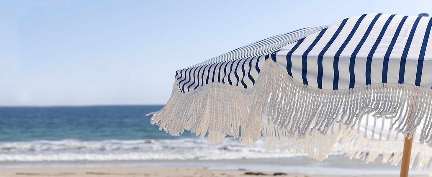 blue wave patio umbrella AMMSUN 6.5ft ash wood pole Boho Umbrella with Fringe,Blue Wave