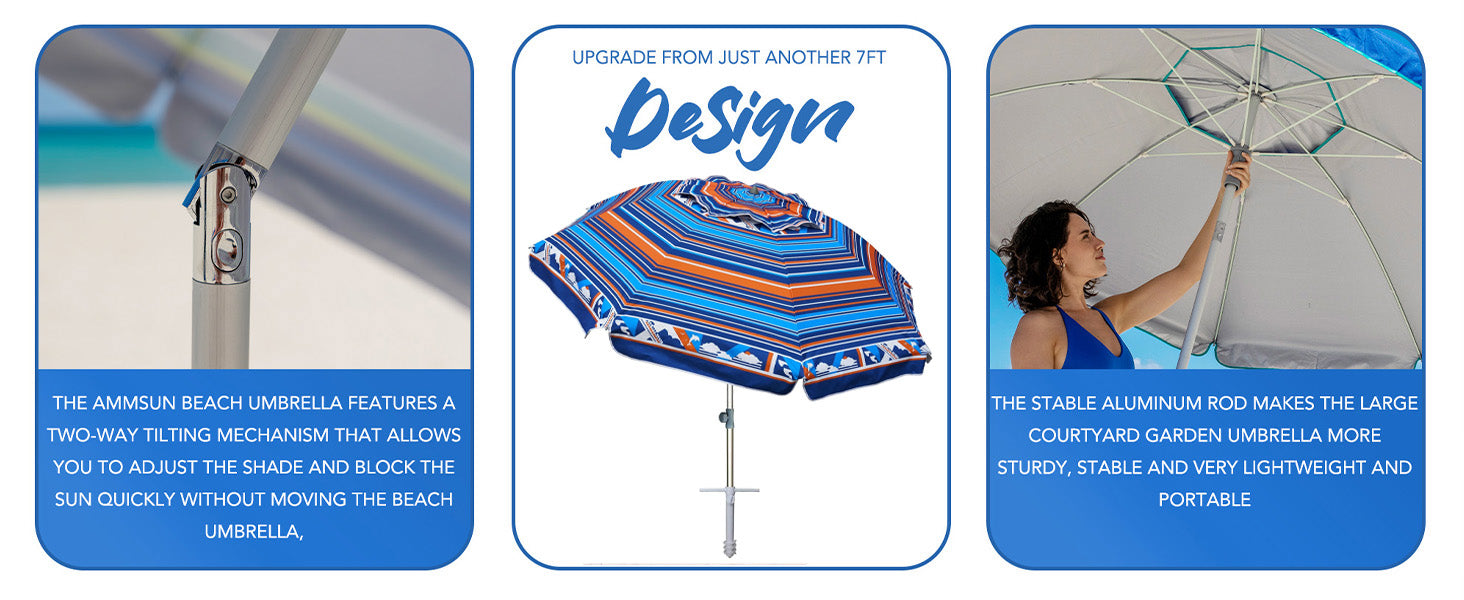 AMMSUN 7ft blue orange sunbrella patio umbrellas for beach with UV protection, air vent, two-way tilt, and sand anchor.