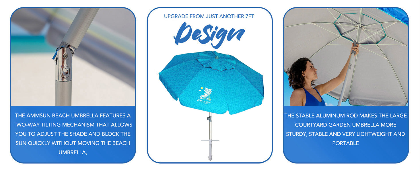 AMMSUN 7ft sky whirlpool teal uv protection umbrella with sand anchor has tilt and air-vent