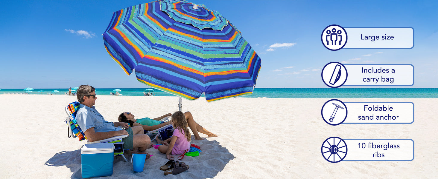 A cheerful family having fun with AMMSUN 8ft green stripes heavy duty beach umbrella with stand