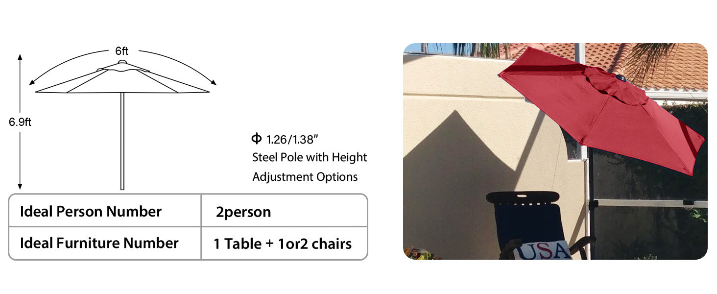 AMMSUN 6ft Patio Table Umbrella,Red