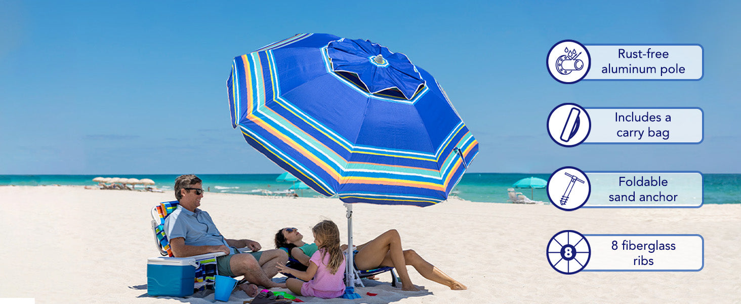 A family relaxing under AMMSUN 7ft blue stripes uv and wind resistant umbrella with sand anchor and ai-vent