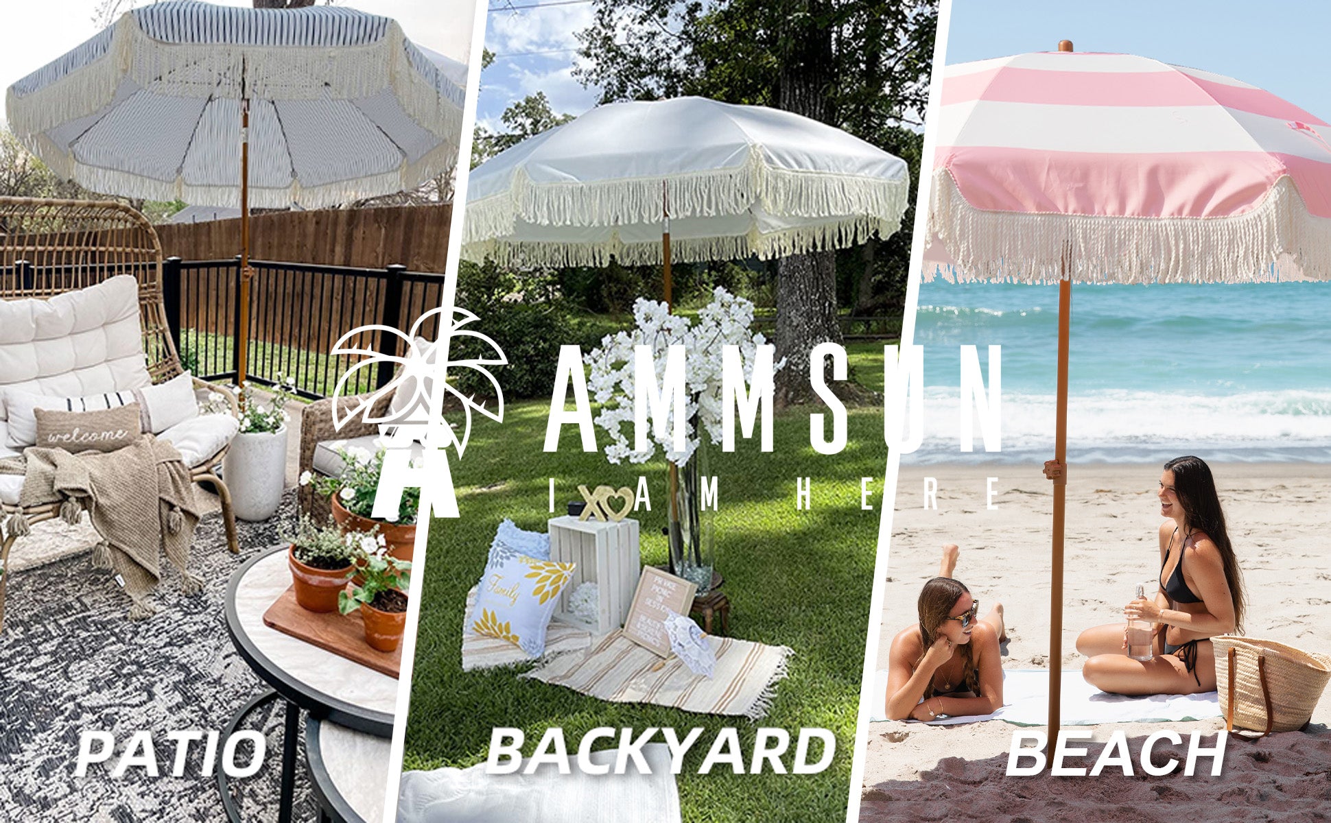 cute patio umbrellas AMMSUN 7ft Patio Fringe Umbrella,Riviera Pink Stripes